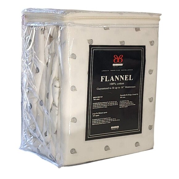 BIBB Home Winter Cotton Flannel Sheet Set Ivory Queen Size 4pc Hedgehog Print - Picture 5 of 10